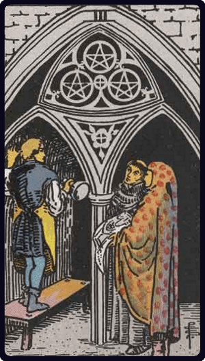 Trojka Pentakla tarot karta
